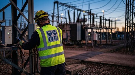 Obraz premium Lineman Working at Power Substation at Night