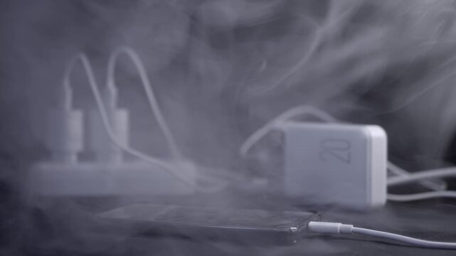 A smartphone emits thick white smoke while connected to a charger adapter and portable power bank. Concept of electrical fire hazard, battery explosion risk, and faulty electronics overheating