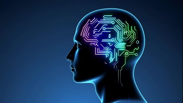 A futuristic video representation of a human head with a circuit board brain against a dark blue background