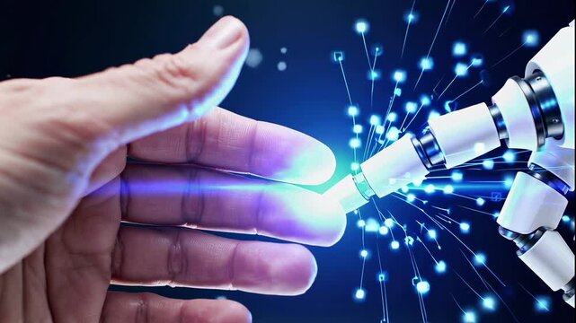 A video showcasing a human hand nearly touching a robotic hand against a futuristic background with blue dots