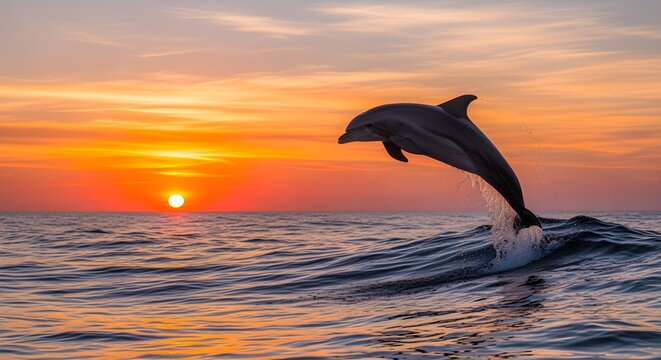 A dolphin gracefully jumping out of the ocean waves against a sunset.