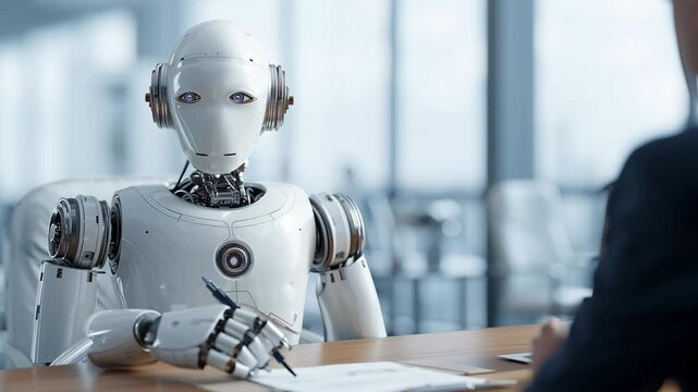 A futuristic robot sits across from a suited man in a modern office during a video meeting.