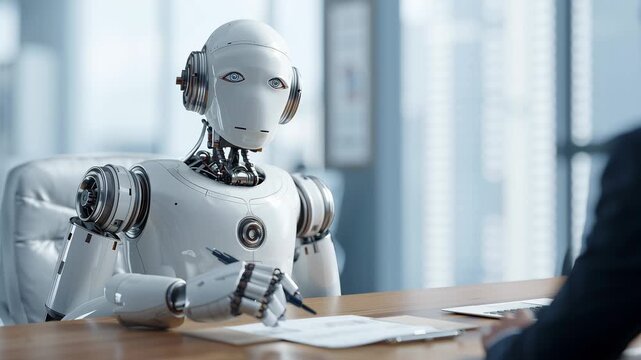 A futuristic video showcasing a humanoid robot interacting with a businessman in a modern office setting during a meeting.