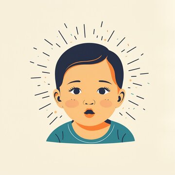 curious baby face with surprised expression and short dark hair on simple cream background for childhood development parenting and growth concepts.