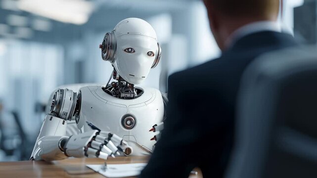 A futuristic robot assistant discussing business with a suited professional in a modern office during a video conference.