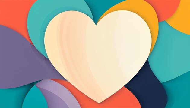 large pale yellow heart symbol surrounded by teal orange and purple abstract curved shapes for modern soft pastel love and romantic concepts.