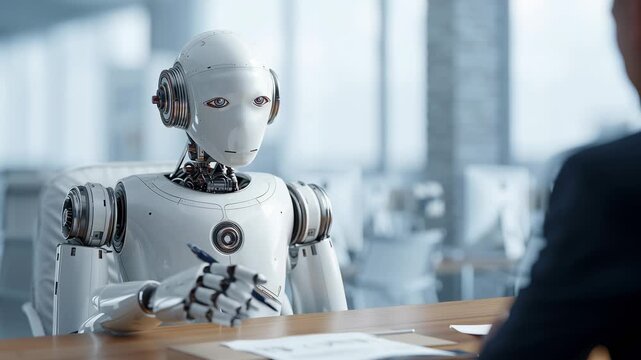 A futuristic video showcasing a humanoid robot in a modern office setting interacting with a businessman