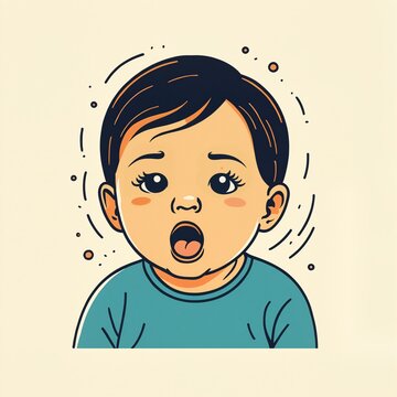 young cartoon boy with short dark hair and a surprised gasping expression wearing a blue shirt on a light cream background with wide eyes.