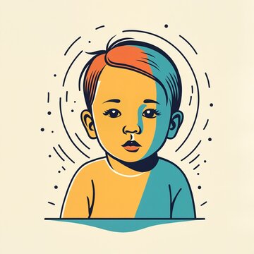 cartoon portrait of a serious young child with split orange and blue lighting effects on a light cream background with calm gaze.