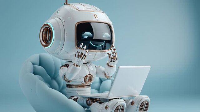 A small robot sits in a chair with a laptop on a blue background in this video