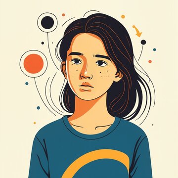 pensive teenage girl with freckles and long dark hair wearing a blue shirt with an orange stripe on a cream background looking sad.