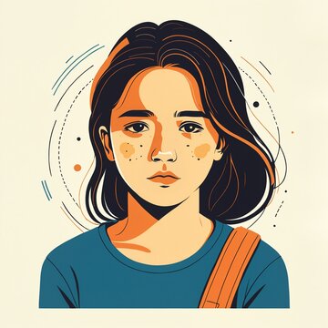 sad cartoon teenage girl with freckles and long dark hair looking worried and stressed on a light cream background with tired eyes.