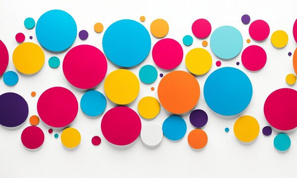 colorful circular elements and dots in cyan pink yellow and orange scattered across a white surface with soft shadows for a playful geometric arrangement