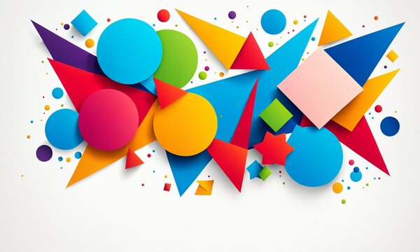 abstract geometric explosion with vibrant stars triangles and circles in primary colors clustered in a dynamic arrangement with layered shadows and depth
