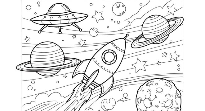 Space scene with ufos and planets