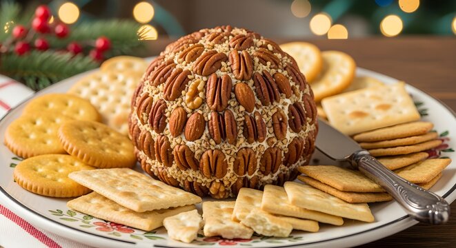 A retro-style holiday cheeseball covered in chopped nuts, with crackers for dipping.