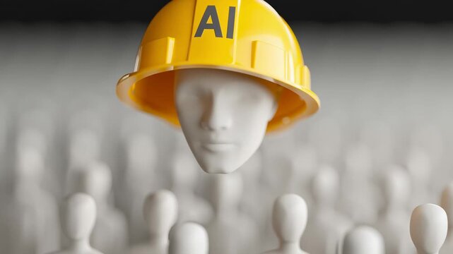 A video showcasing a yellow hard hat with AI written on it floating above a crowd of grey humanoid figures in a blurred background.