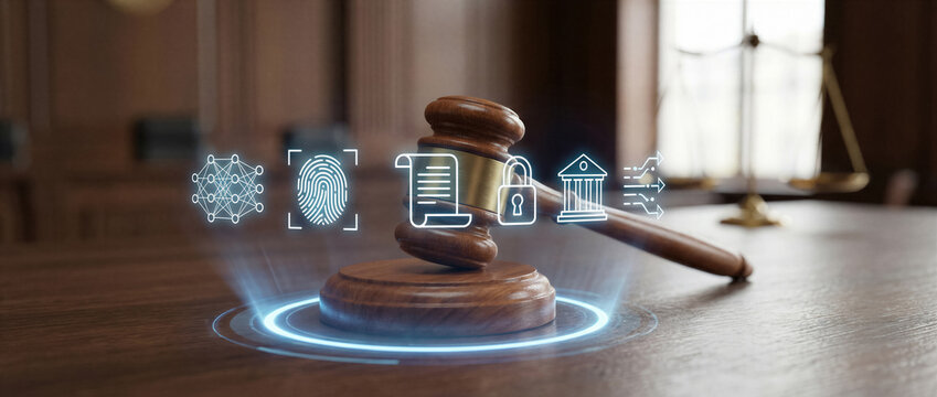 Wooden judge gavel on desk with digital legal icons, law, justice, court, legal technology, and litigation concept