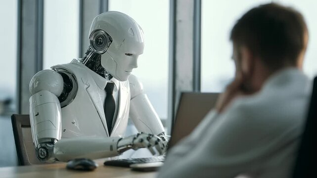 A futuristic robot in a business suit sits across from a man in a meeting during a video conference call