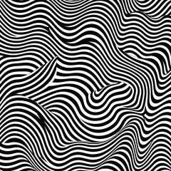black and white optical illusion with wavy distorted lines and a zebra pattern style creating a high contrast visual movement with three dimensional depth