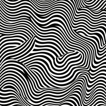 black and white optical illusion with wavy distorted lines and a zebra pattern style creating a high contrast visual movement with three dimensional depth
