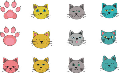 Fototapeta premium set of cats Flat Vector Illustration Set Of Stylized Feline Heads With Different Moods On White Background, EPS