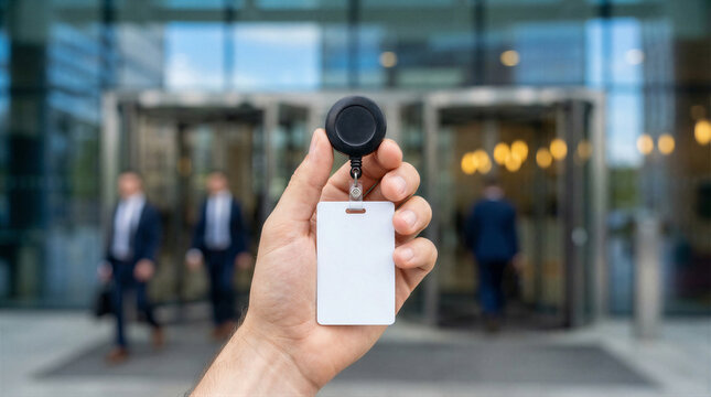 Hand holding a blank white id badge lanyard card in front of a modern corporate office building entrance