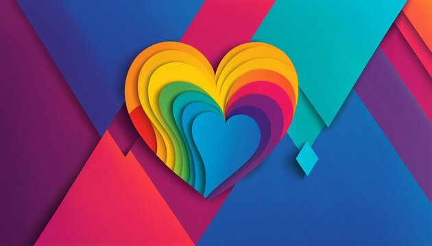 rainbow colored multi layered heart symbol over vibrant geometric blue and pink triangles and sharp shapes for modern creative love and pride concepts.