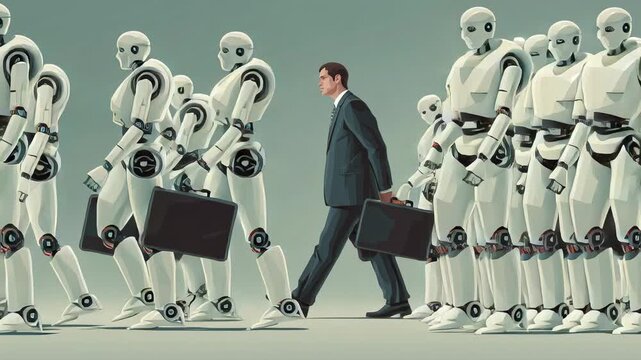 A businessman walking in front of a line of robots carrying briefcases in a futuristic video