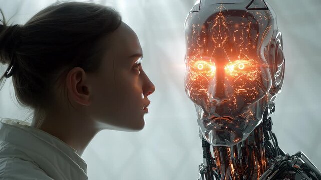 A dramatic video scene of a woman facing a robotic humanoid with glowing orange eyes in a futuristic setting.