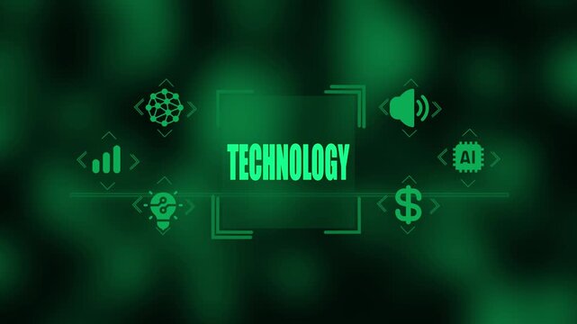 Green digital technology concept with interconnected nodes brain lightbulb graph statistics sound wave AI chip and dollar sign on a dark green blurred background