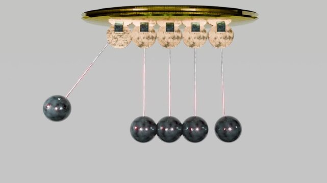 4K seamless loop of a Newton pendulum with glossy black obsidian-like spheres, smooth reflections and precise kinetic motion, minimal light background.