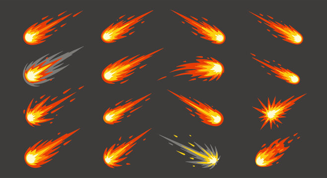 Set of Meteors Falling Through Space Fireball Comets Cosmic Events