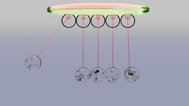 4K seamless loop of a Newton pendulum with transparent crystal spheres revealing internal bubbles during impact, elegant motion, light background.
