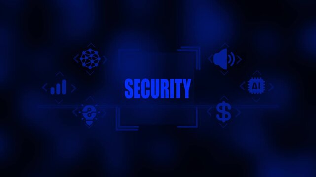 Blue digital security concept with interconnected nodes brain lightbulb graph statistics sound wave AI chip and dollar sign on a dark blue blurred background