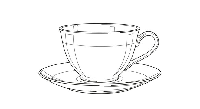 Clean line art illustration of a teacup and saucer, elegant classic design for hot beverages, vector outline drawing