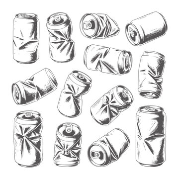 Black and white of crushed and intact aluminum beverage cans crumpled