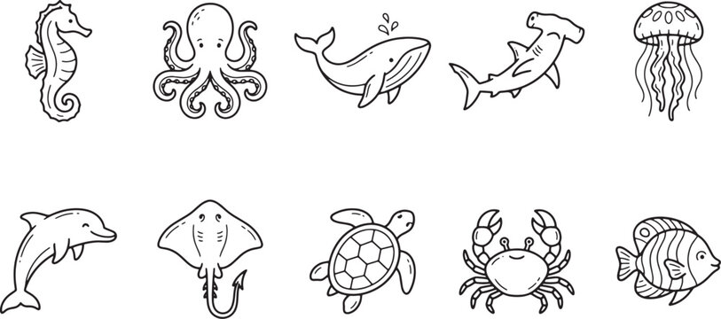 Black line drawings of various ocean creatures including fish dolphins whales and sea turtles on white background for aquatic designs