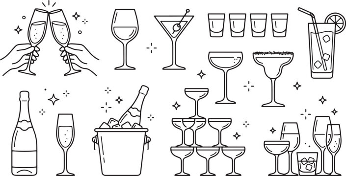 Black line art illustrations of various cocktail glasses bottles and champagne flutes with sparklers on white background for party and celebration designs
