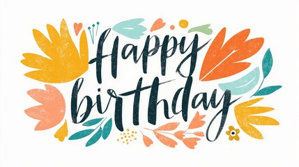 Obraz premium Happy birthday greeting text design with colorful leaves. Happy birthday lettering combining playful design elements and vibrant colors