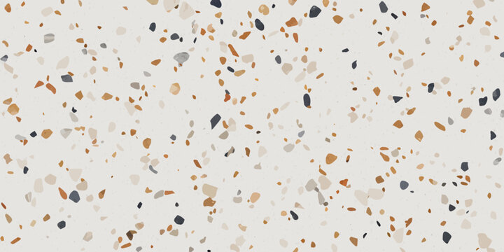Abstract terrazzo pattern with scattered colorful stone fragments on white