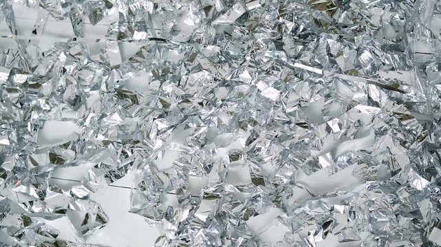 Crushed metallic foil fragments sparkle with bright reflections on a white background surface.