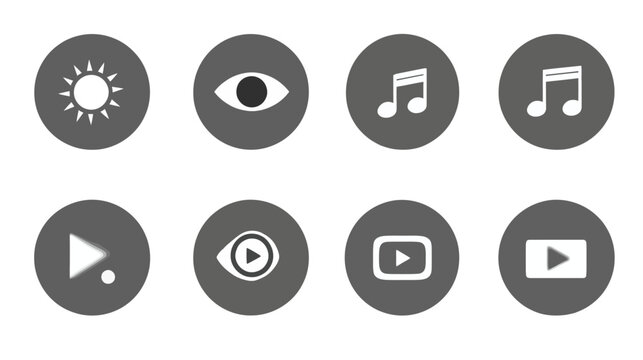 Flat Design Multimedia and UI Control Icons Set. Gray Circular Buttons with White Symbols for Web, App Interface, Video, Music, Brightness.
