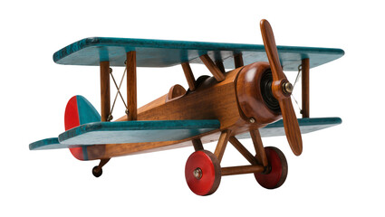 Vintage wooden toy biplane with teal wings and red wheels, isolated on transparent background, classic children s plaything PNG © Johnson