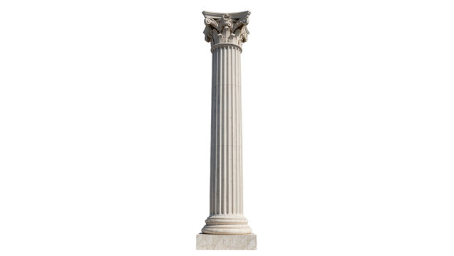 Ornate classical Corinthian column, a majestic architectural element crafted from light marble with a detailed capital and fluted shaft, isolated PNG