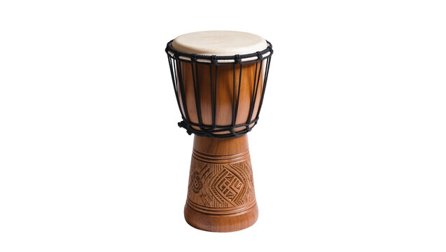 Traditional African djembe drum, handcrafted from natural wood with intricate carvings and rope tuning, isolated PNG on transparent background