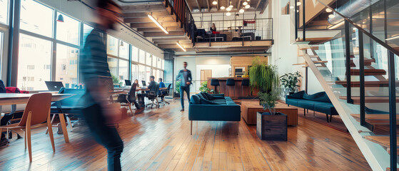 Naklejka premium Wide angle view of people working and walking inside a modern coworking space with open layout, natural light, motion blur and dynamic professional atmosphere.