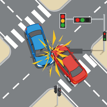 Car crash at intersection with traffic lights, accident, collision, danger, road safety