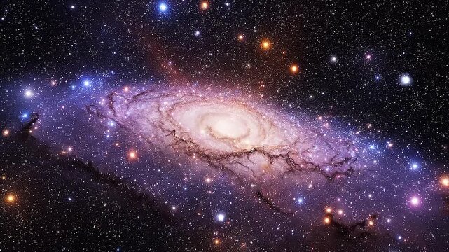 A bright light shines on a spiral galaxy in deep space
