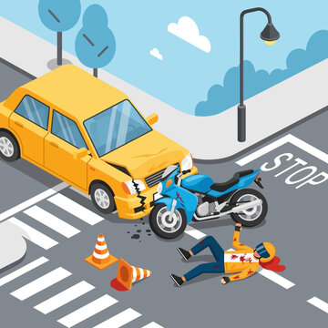 Car and motorcycle crash at intersection with injured rider on crosswalk